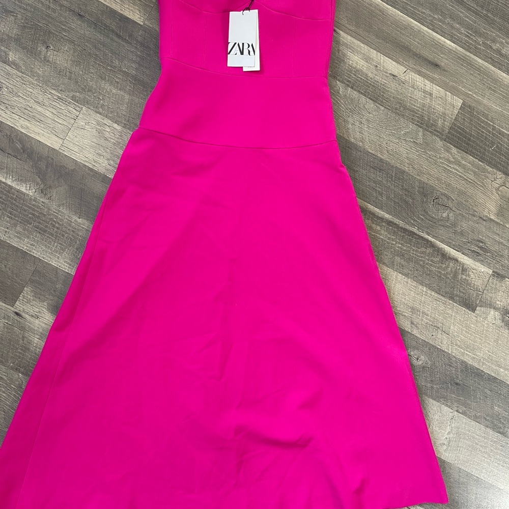 ZARA Strapless A-Line Midi Dress with Bustier Fuchsia Pink Size S with Pockets